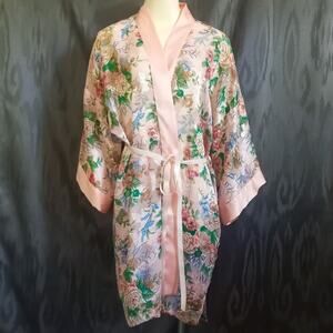 VTG Victoria's Secret GOLD LABEL 80s Kimono Robe OS Tie Belt Semi Sheer Floral